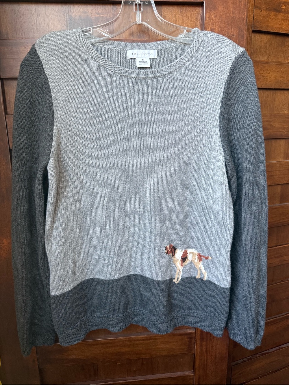 Liz Claiborne Two-Tone Gray Crewneck Sweater with Hunting Dog Motif
